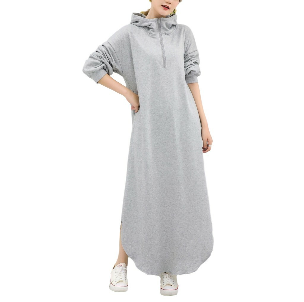 Womens Hooded Zipper Long Sleeve Hoodie Dress Cotton H-Line Long Leisure  Loose L | eBay