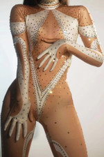 6 Colors Full Rhinestones Jumpsuit Gloves Pole Dance Wear Nightclub Costumes