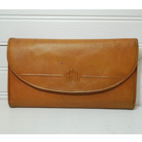 Vintage tan leather Anne Klein tri-fold wallet card holder checkbook holder
