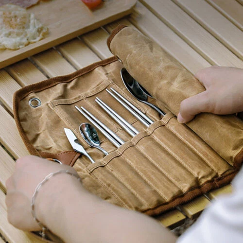Segeltuch Besteck Aufbewahrungstasche Rollende Bestecktasche Lagerung Camping - Bild 12 von 12