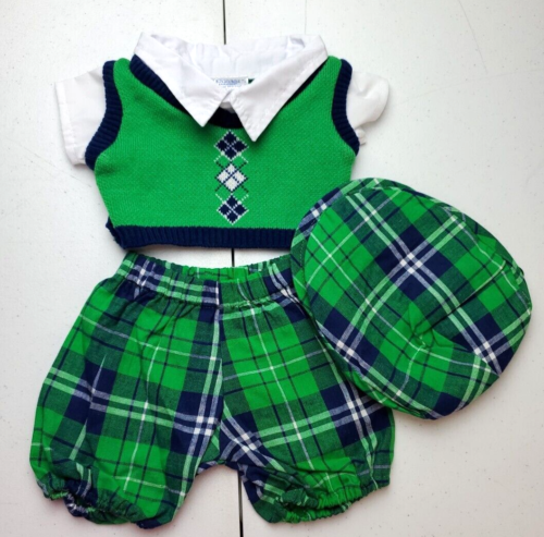 Build A Bear Workshop Green Plaid Scottish Golf Outfit & Hat - Picture 1 of 6