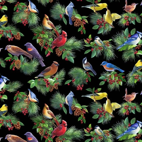 Birds & Berries Black Allover 100% Cotton 45" Wide - product listing photo