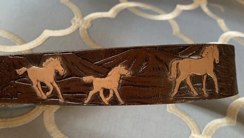 VTG Wrangler Leather Kids Belt Buckle Horses 24/60 Western Cowboy Tooled - Picture 11 of 16