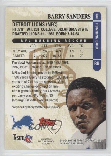 1996 Topps Gilt Edge Platinum Barry Sanders #9 HOF - Bild 2 von 4