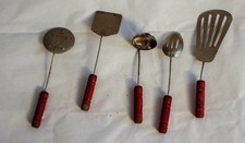 Vintage Toy Doll Size 5 Serving Pieces Spatula Wooden Red Handles Nice Lot