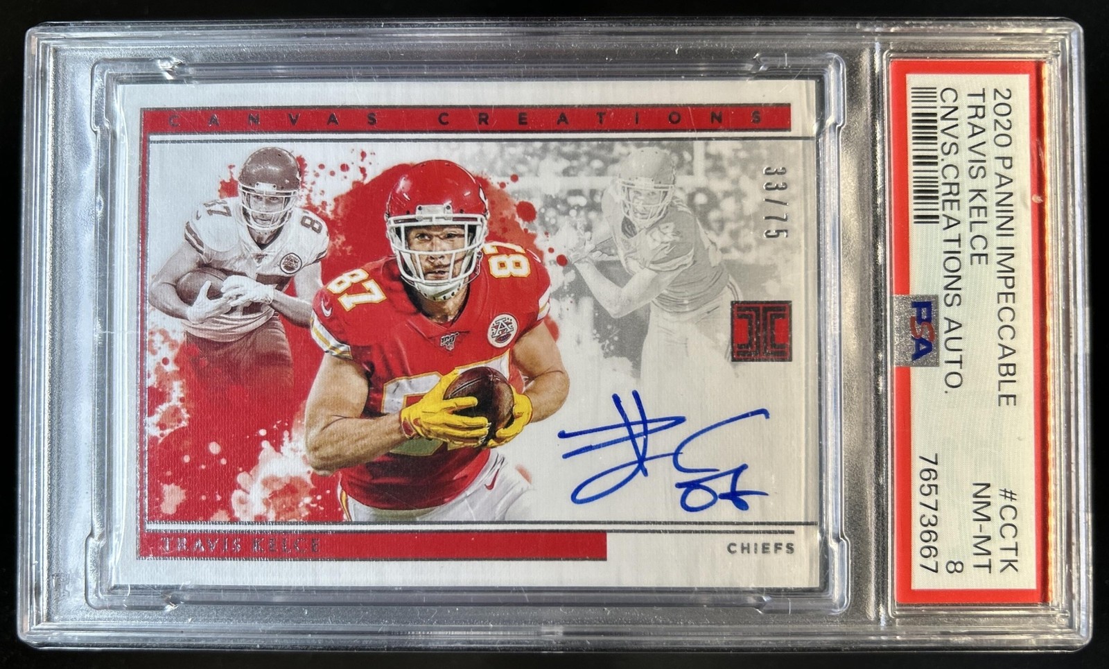2020 Panini Impeccable Travis Kelce Canvas Creations Auto #/75 Chiefs PSA 8