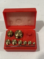 Vintage Ohaus 5502 Brass Calibration 8 Piece Weight Set w/Tweezers & Orig. Box