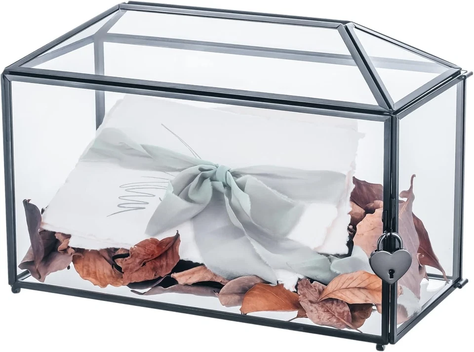 Elegante caja de colección de tarjetas de vidrio negro con bloqueo de corazón - perfecta para bodas Foto 3 de 4