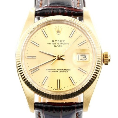 Rolex Date 1503 Mens Solid 18K Yellow Gold Watch Gold Champagne Dial Brown Strap