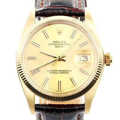 Rolex Date 1503 Herren Massiv 18K Gelbgold Uhr Gold Champagner Zifferblatt Braunes Armband - Bild 1 von 4