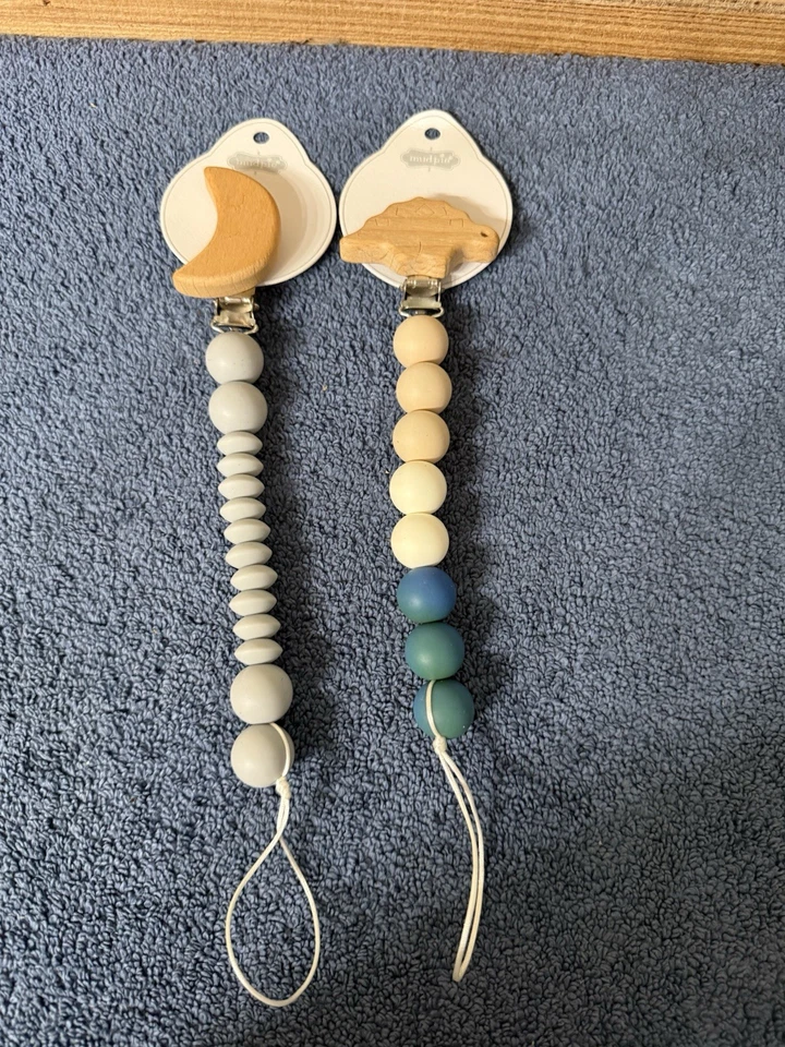 X 2 New Mudpie Silicone Pacifier Clip Wooden Dino And Moon Pacy Cream & Blue - Image 4 of 4
