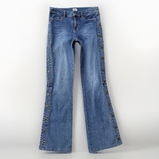 Cache Y2K 80s Snap Open Leg Jeans Size 4 Bootcut Mid Rise Denim Blue Vintage