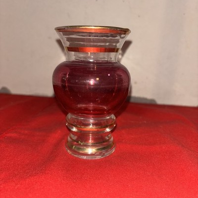 Vintage, Rare, Cranberry Vase With Gold Trim 4  Tall- Estate Find