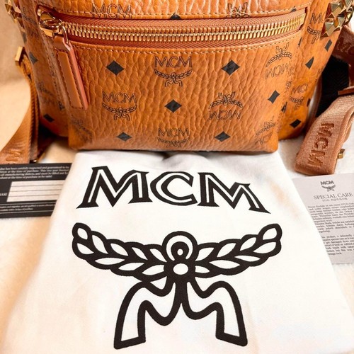 MCM Stark Visetos Monogram Backpack Medium Cognac Brown Bag w/ Studs Auth - Picture 3 of 18