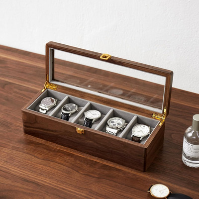 5 Slot Walnut Watch Box Organizer Glass Top Watch Storage Case Brass Hinges US
