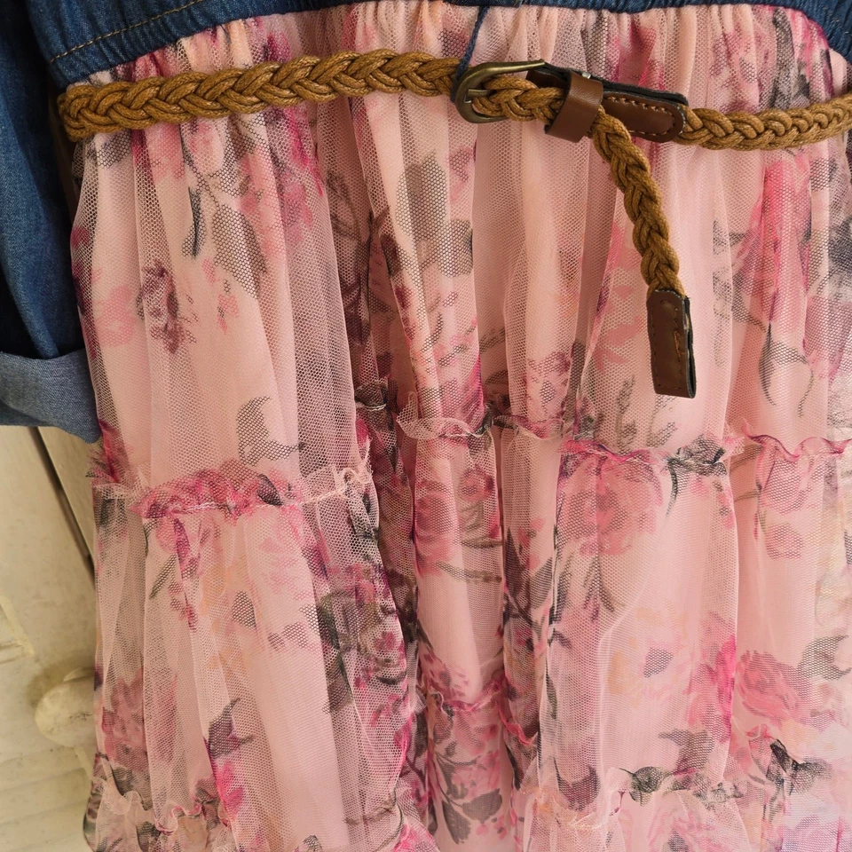 Pink & Violet Girls Dress Chambray Top Floral Tulle Skirt Size 12 Knee Length - Image 3 of 4