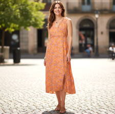 J.Jill Tie Shoulder Faux Wrap Dress Size Large Petite Orange Sleeveless Paisley
