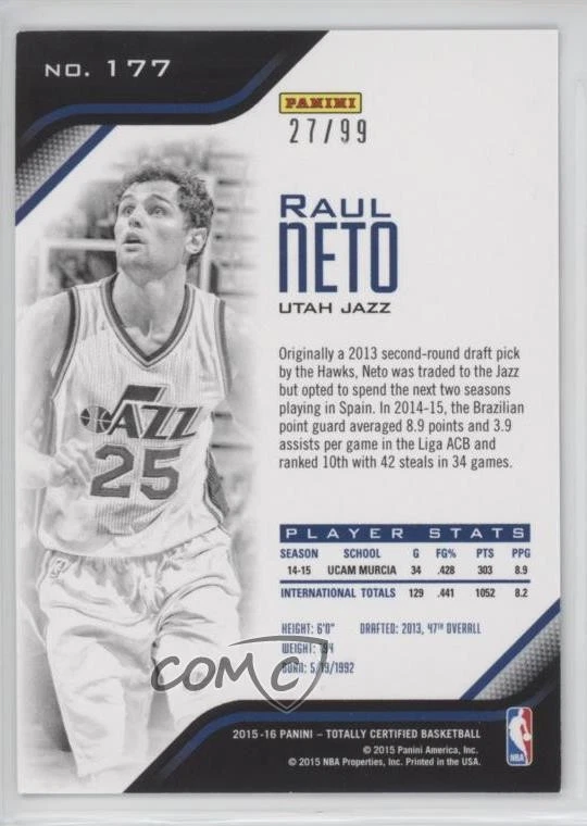 2015 Panini Totally Certified Rookies Mirror Blue /99 Raul Neto #177 Rookie RC - Image 2 of 2