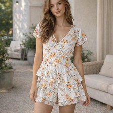 Altar  d State Floral Tiered Ruffle Romper White Peach XS Boho Summer