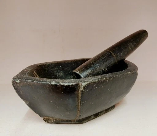 Vintage Black Mortal Pestle Stone Herb Spice Grinder Pot Kharal Collectibles.