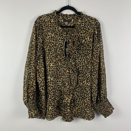 Tahari Ruffle Blouse Size 3X Button Up Mini Cheetah Print Long Sleeve