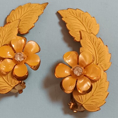 Boucles D'oreilles Vintage Fleur à Clips - Zircon Doré, Matière Verre