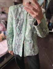 Snake Skin Effect Mint Green Leather Jacket