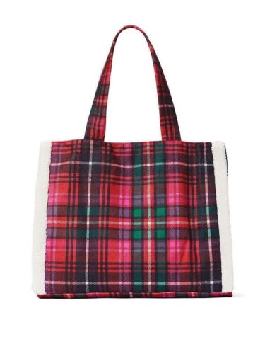 VICTORIA'S SECRET Red Plaid Holiday VS LOGO Plaid Tote Bag NEW White fur Limited - Picture 2 of 4