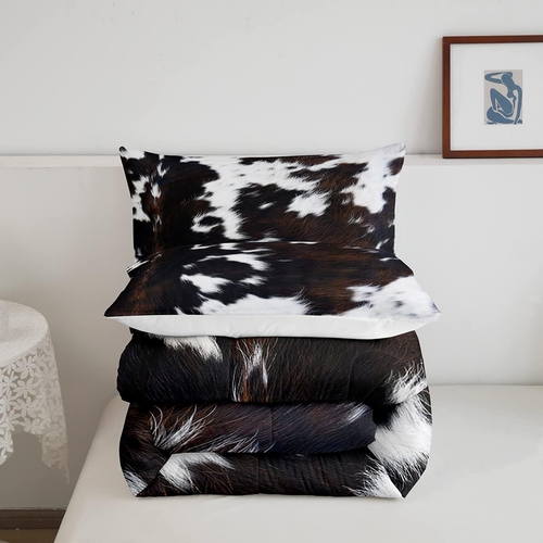 Brown Cowhide Comforter Set Full,Black White Aztec Cow Print Bedding Set Western - Picture 5 of 12