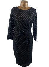 PHASE EIGHT DRESS 12 BLACK Sheath Stretchy Lace Mesh Draped Waist Midi Zipped