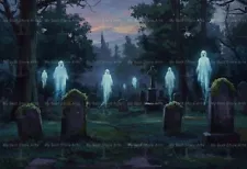 CEMETERY ART PRINT, Gothic Ghost Graveyard Wall Decor, Halloween Poster G048