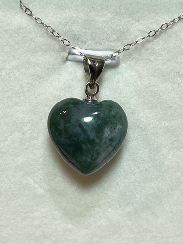 Simple Natural Moss Agate Heart 925 Sterling Silver Necklace - Imagen 4 de 8