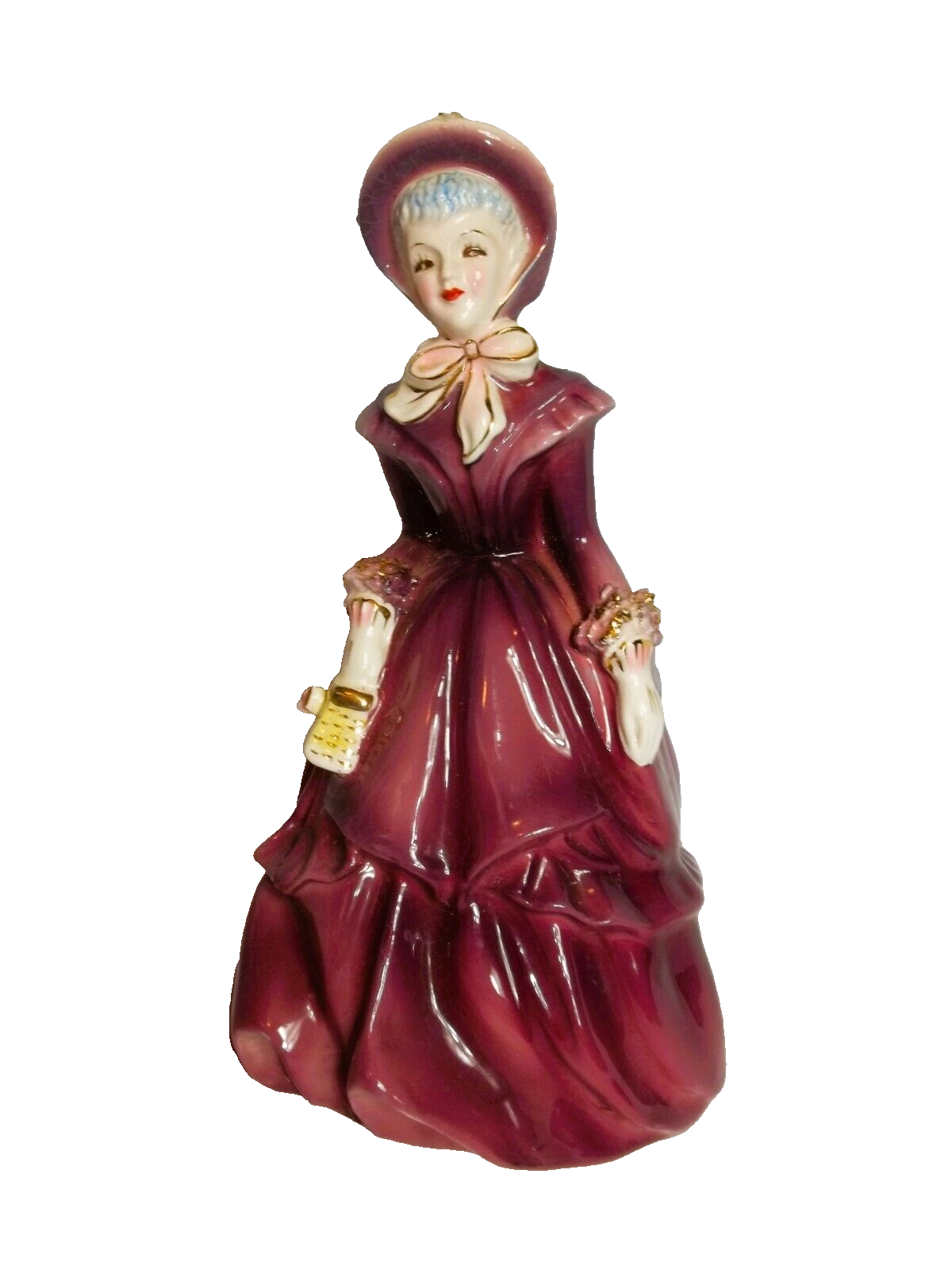 Vintage MCM NAPCO Porcelain Fancy Lady Figurine Planter with Gold Trim