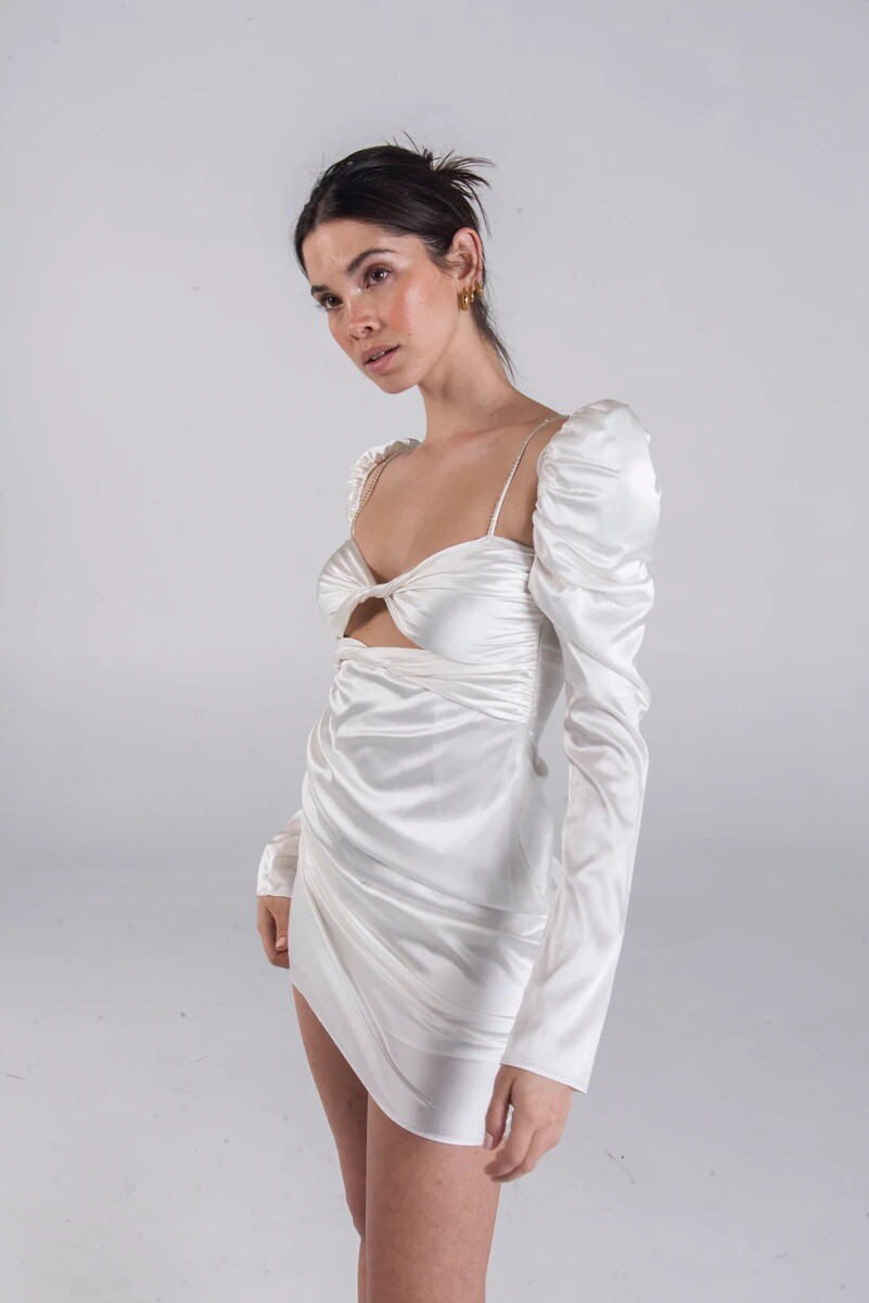 the bar long sleeve twist top dress The Bar Twist Dress Ivory White Silk Puff Long Sleeve Party Wedding 2 NWOT  $495