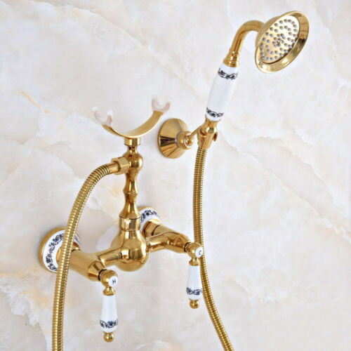 Golden Bathroom Shower Faucet Mixer Tap With Hand Shower Head Set Wall Mounted
