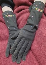 Vintage CHEYREAUX FRANCE Gloves Brown Kidskin Leather Embroidered Floral