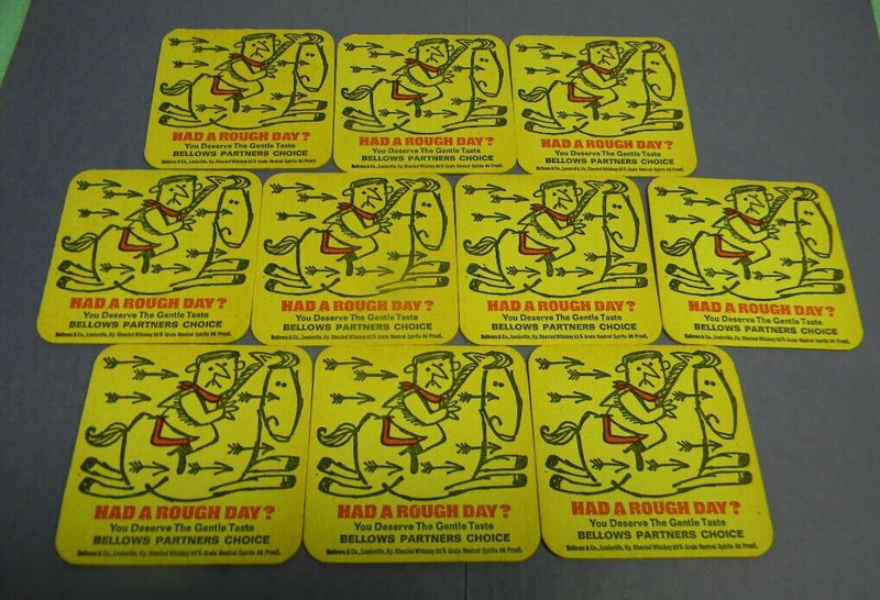 VINTAGE BELLOWS WHISKEY LOUISVILLE KENTUCKY HAD ROUGH DAY HORSE ARROWS COASTERS