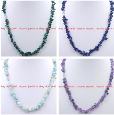 Natural 5-8mm Gravel Gemstone Chips irregular Beads Necklace 18'' Silver Clasp