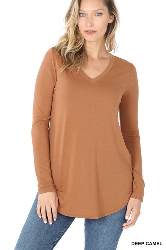 Camiseta para mujer cuello en V manga larga dobladillo alto-bajo lujo rayón calce relajado S a XL - Imagen 18 de 79