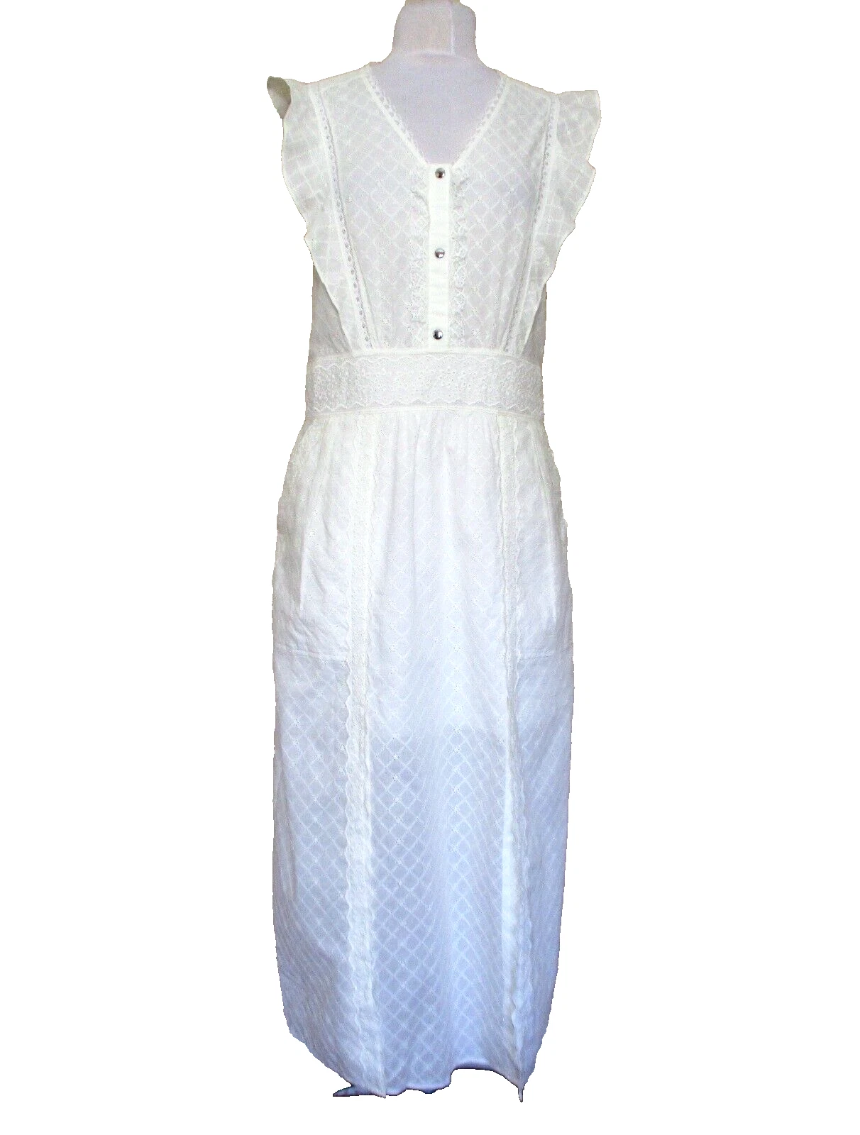Maxi abito Coach Broderie Anglaise bianco pizzo taglia 8 donna nuovo con etichette $695 orlo con volant