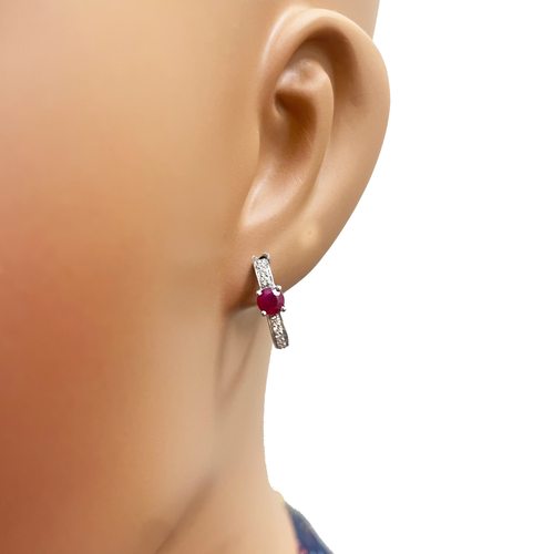 18ct White Gold Natural Ruby Prong & Diamond Huggie Hoop Earrings 0.92ct - Picture 6 of 7