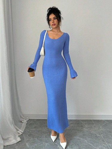 Elegant Ribbed Knit Bodycon Maxi Dress – Long Sleeve & Scoop Neck - Picture 6 of 17