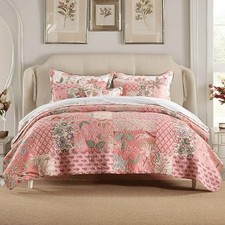 3 Pcs Cotton Quilt Set Real Patchwork Pink Floral Romantic Reversible King