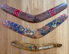 3 Pc Wood Boomerang Lot from Antigua & Australia HAND-PAINTED Valdo Aboriginal