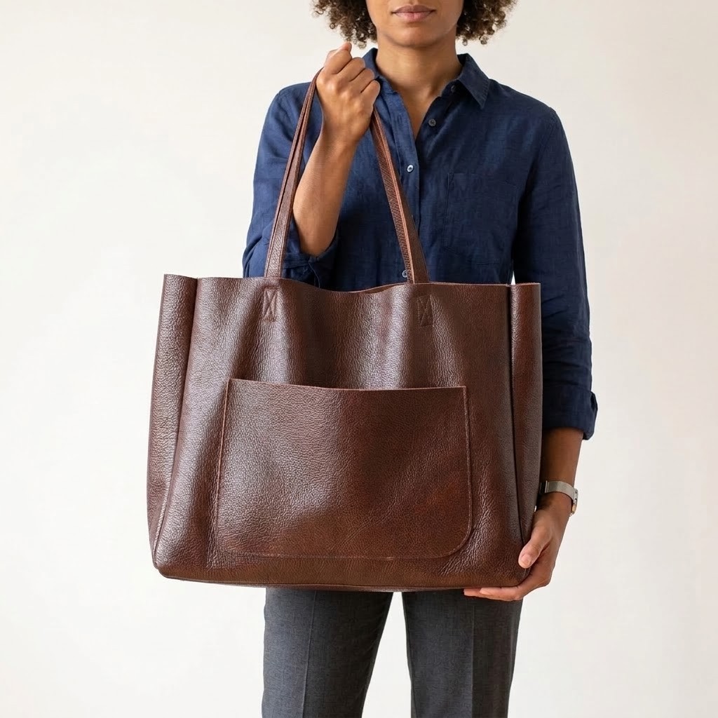 Bolso de Mano de Cuero Marrón Genuino de Gran Tamaño para Mujer Bolso de Hombro Bolso de Mano de Trabajo