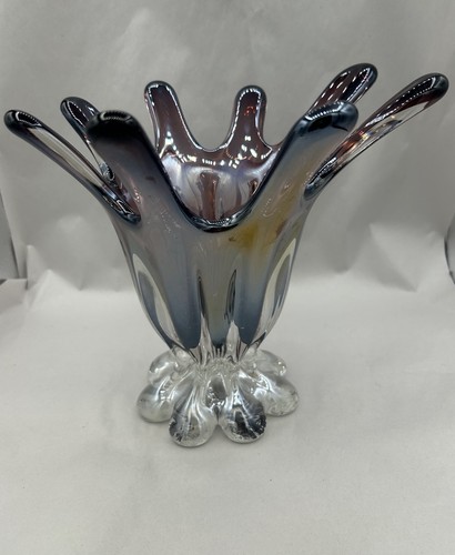 Vintage Purple Iridescent 8 Finger Pulled Splash Art Glass Vase 8"