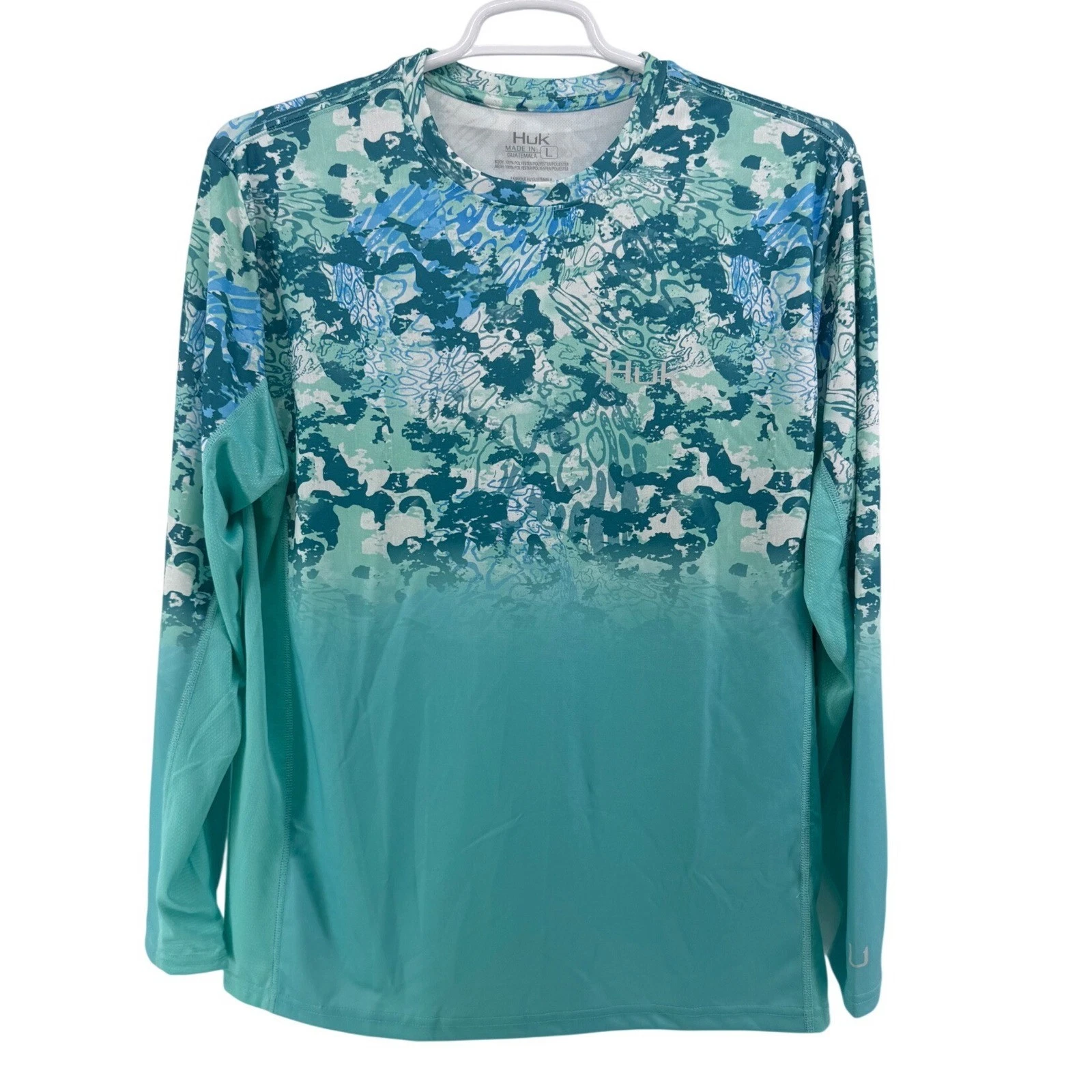 Huk Mens Icon X Tide Change Fade LS Fishing Shirt Blue Green Camo H1200388 L NWT