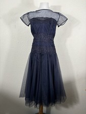Vintage 1950s Prom Dress Size M Navy Blue Lace Tulle Metal Zipper Party Formal