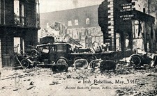 IRELAND DUBLIN IRISH REBELLION MAY 1916 RUINED SACKVILLE STREET BARRIER CARS CRD