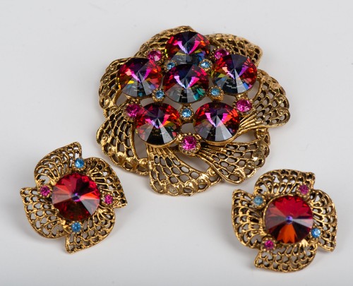 Vintage Rainbow Watermelon Vitrail Rivoli AB Rhinestone Brooch Earrings ...